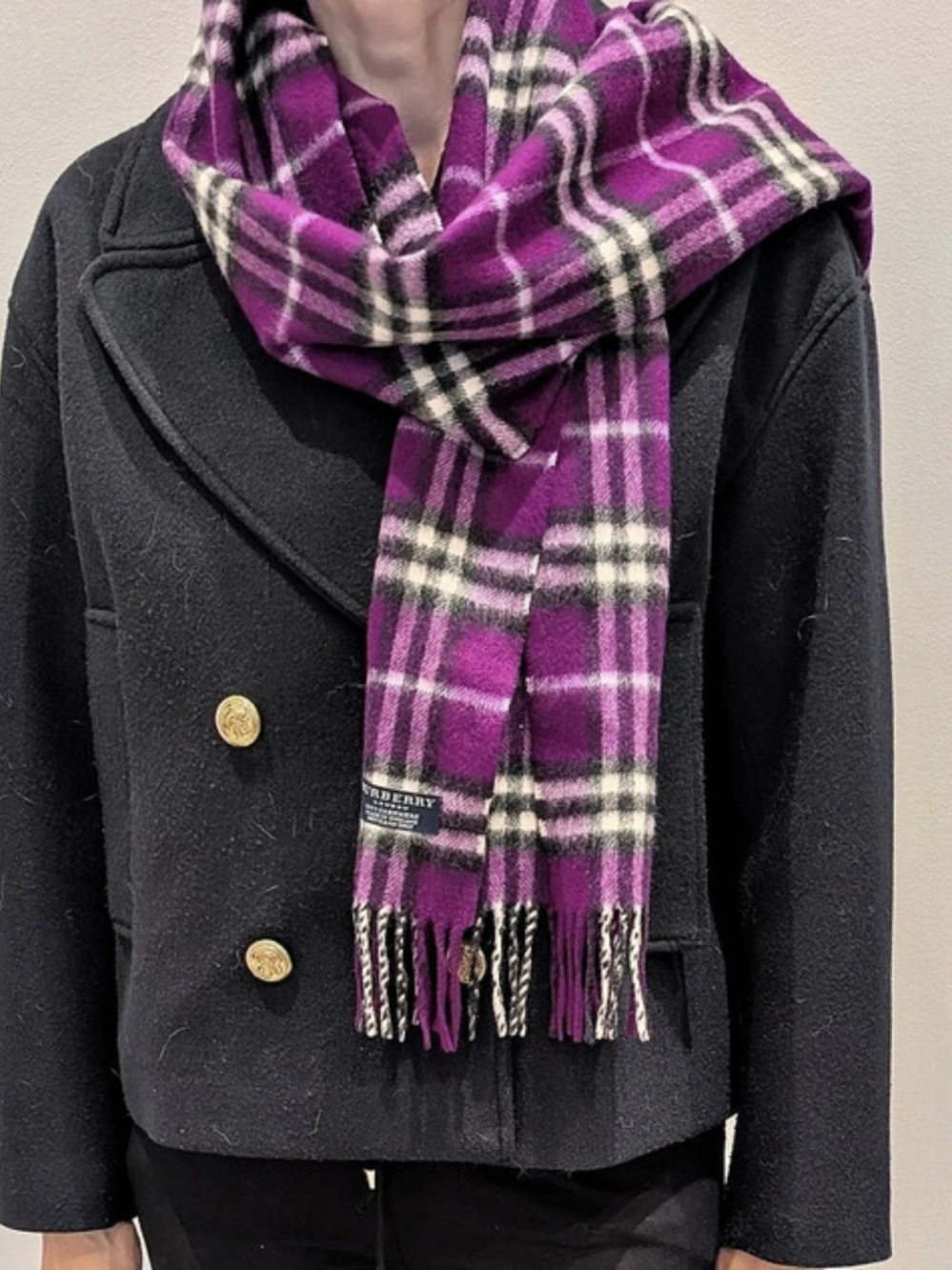 Burberry Check Cashmere Scarf Purple & Black
